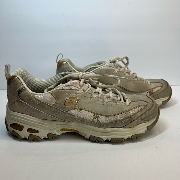 Skechers Sneakers Tan and Cream with Pink Flowers Trimmed in Gold Size 9 - Picture 3 of 13